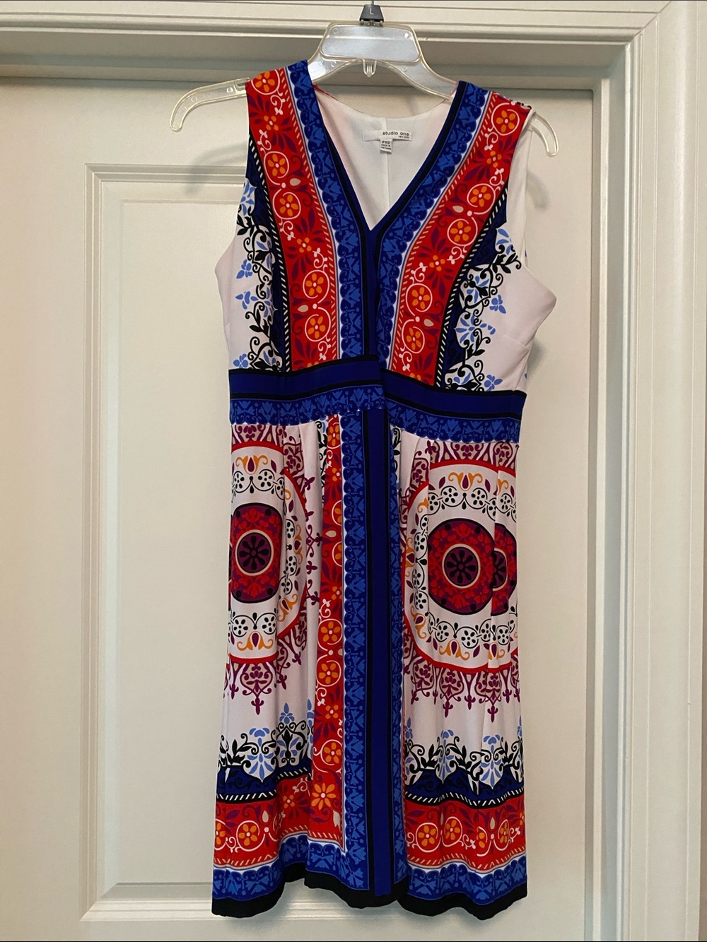 Studio One White Dress with Red and Blue Pattern
